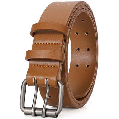 JASGOOD Men Double Prong PU Leather Belt Casual Work Heavy Duty Belt Double Grommet Holes Belt for Jeans
