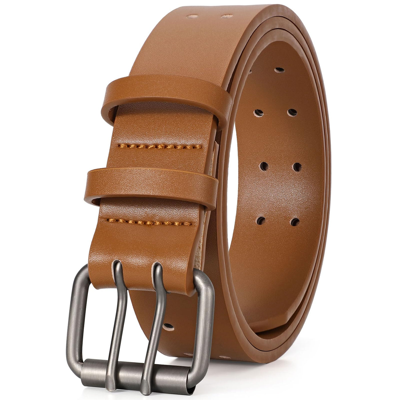 JASGOOD Men Double Prong PU Leather Belt Casual Work Heavy Duty Belt Double Grommet Holes Belt for Jeans