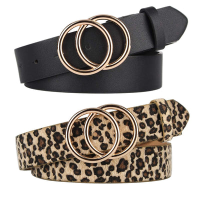 UnFader Pack 2 Women Belts for Jeans with Fashion Double O-Ring Buckle and Faux Leather