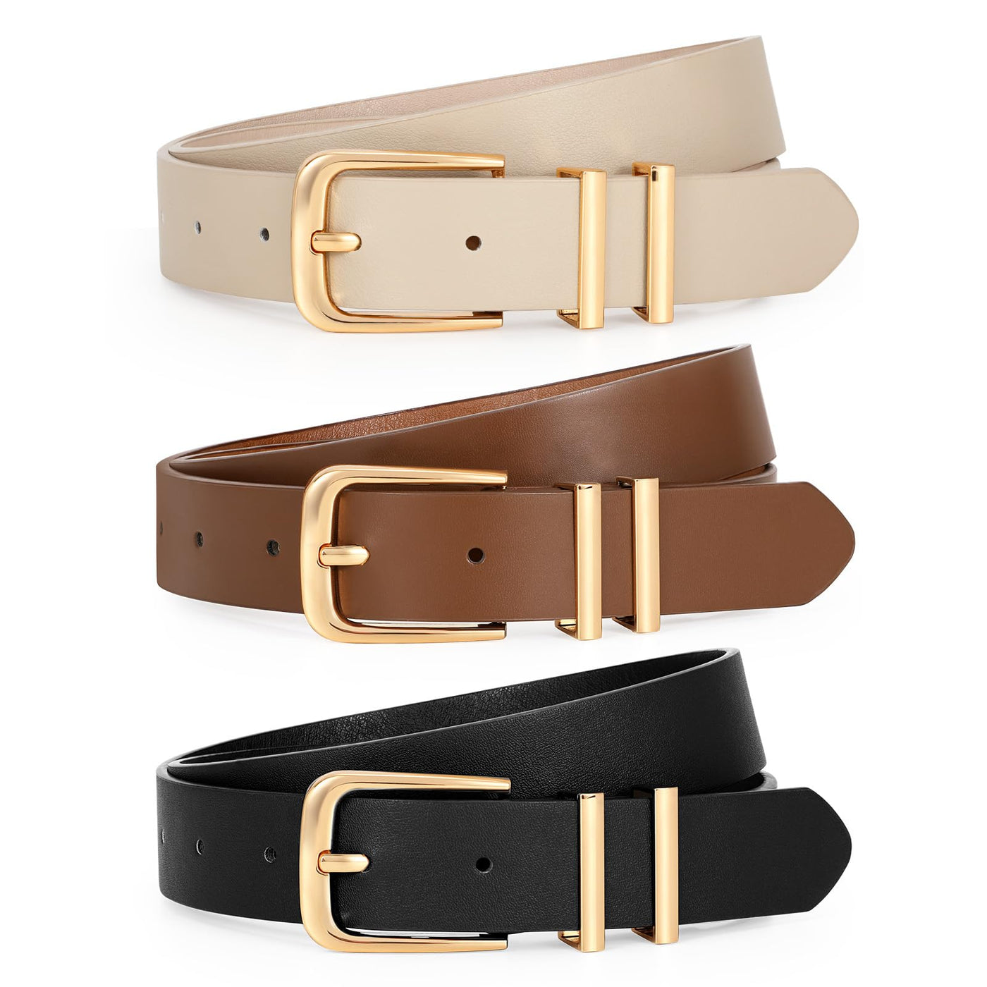 LEACOOLKEY 3 Pack Women's Leather Belts for Jeans Dress Pants Fashion Ladies Leather Belts with Gold/Sliver Buckle