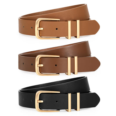 LEACOOLKEY 3 Pack Women's Leather Belts for Jeans Dress Pants Fashion Ladies Leather Belts with Gold/Sliver Buckle