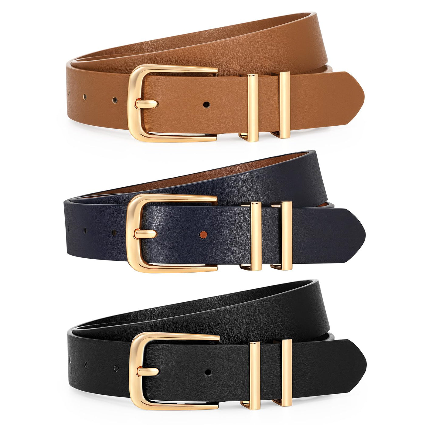 LEACOOLKEY 3 Pack Women's Leather Belts for Jeans Dress Pants Fashion Ladies Leather Belts with Gold/Sliver Buckle