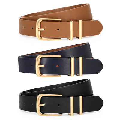 LEACOOLKEY 3 Pack Women's Leather Belts for Jeans Dress Pants Fashion Ladies Leather Belts with Gold/Sliver Buckle