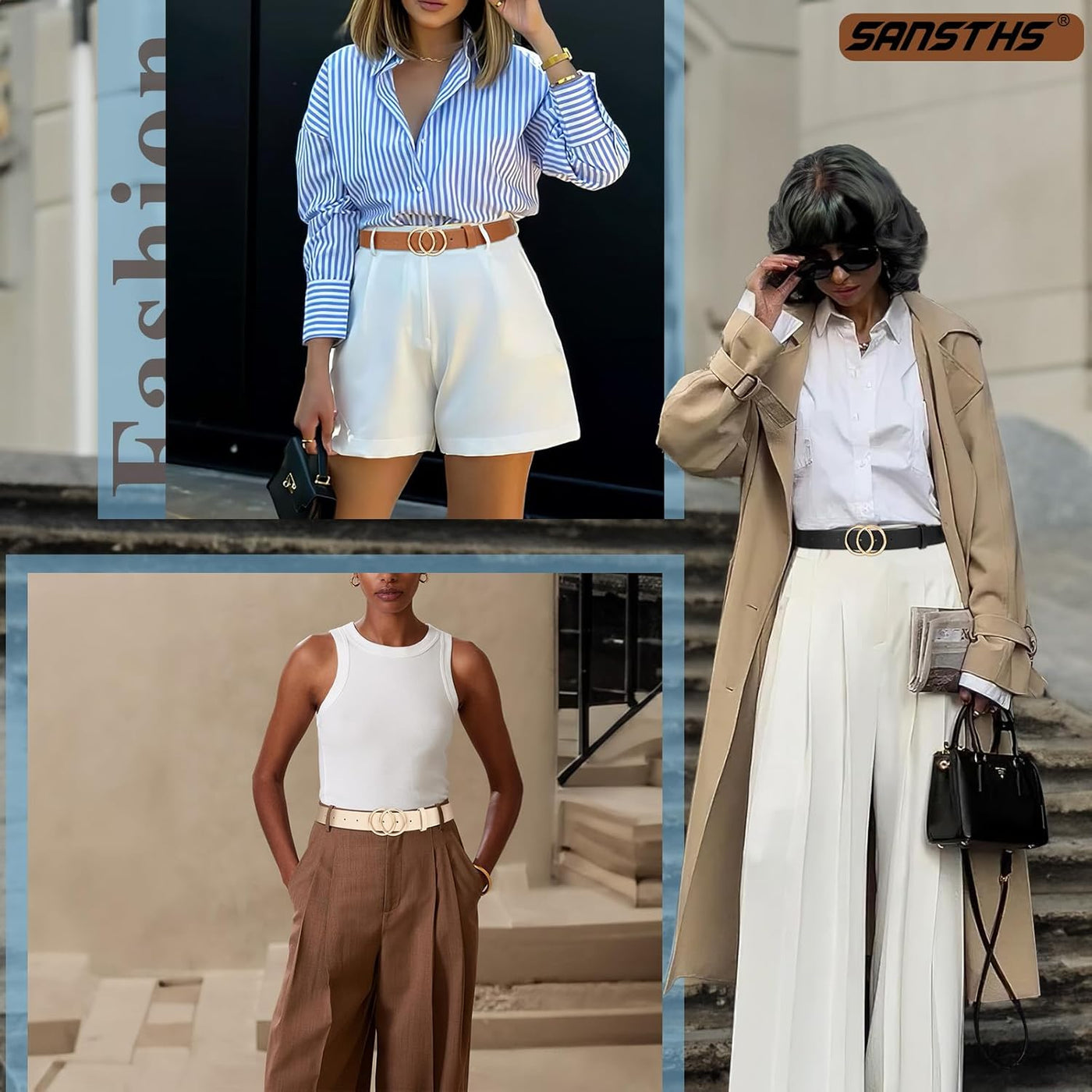 SANSTHS 3 Pack Women Waist Belts for Jeans Pants Dresses, Ladies Belt with Double O-Ring Gold Buckle