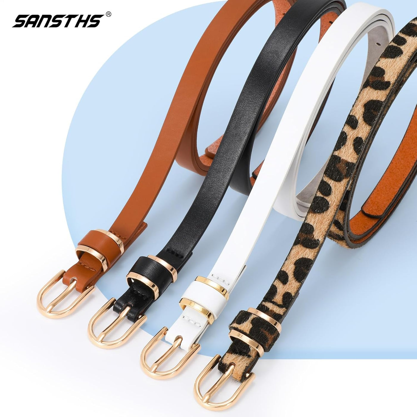SANSTHS 4 Pack Women Thin Belts for Jeans Dresses Coats Skinny Women Belt with Gold Alloy Buckle