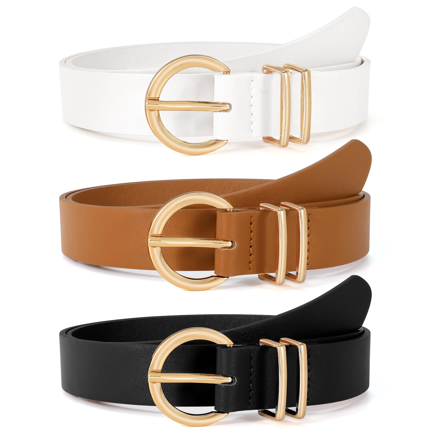 VONMELLI 3 Pack Women's Leather Belts for Jeans Dresses Ladies Waist Belt with Fashion Gold Buckle