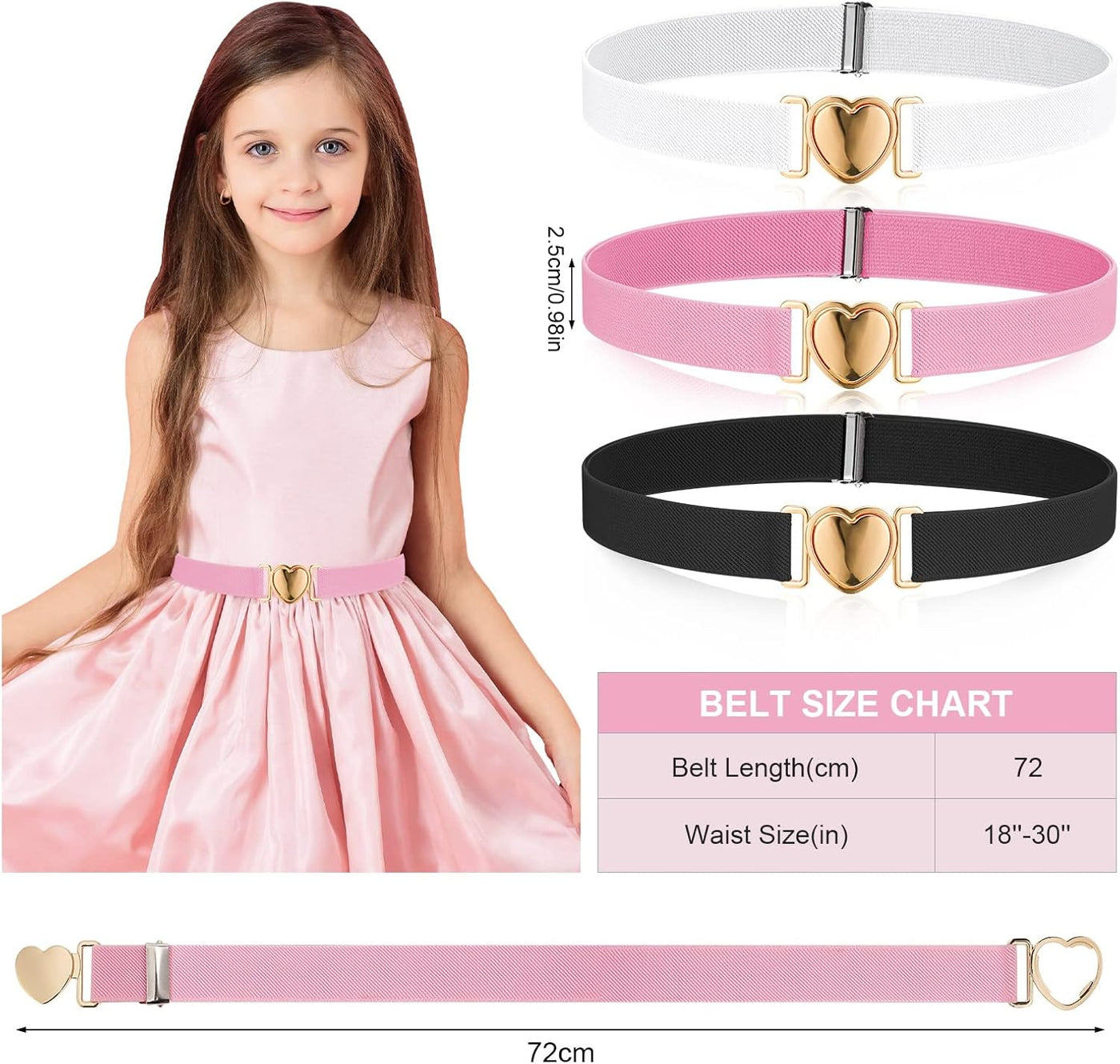 Firtink 3 Pack Girls Elastic Belts, Adjustable Kids Belt Elastic Stretch Belts with Heart Buckle for Boys Girls, Cute Heart Belt for Kids Toddler