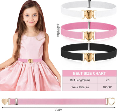 Firtink 3 Pack Girls Elastic Belts, Adjustable Kids Belt Elastic Stretch Belts with Heart Buckle for Boys Girls, Cute Heart Belt for Kids Toddler