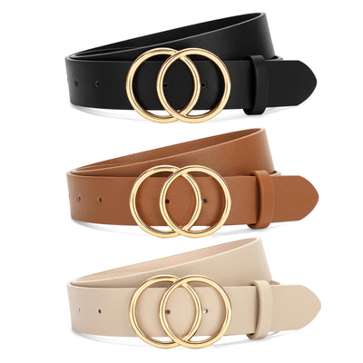 SANSTHS 3 Pack Women Waist Belts for Jeans Pants Dresses, Ladies Belt with Double O-Ring Gold Buckle