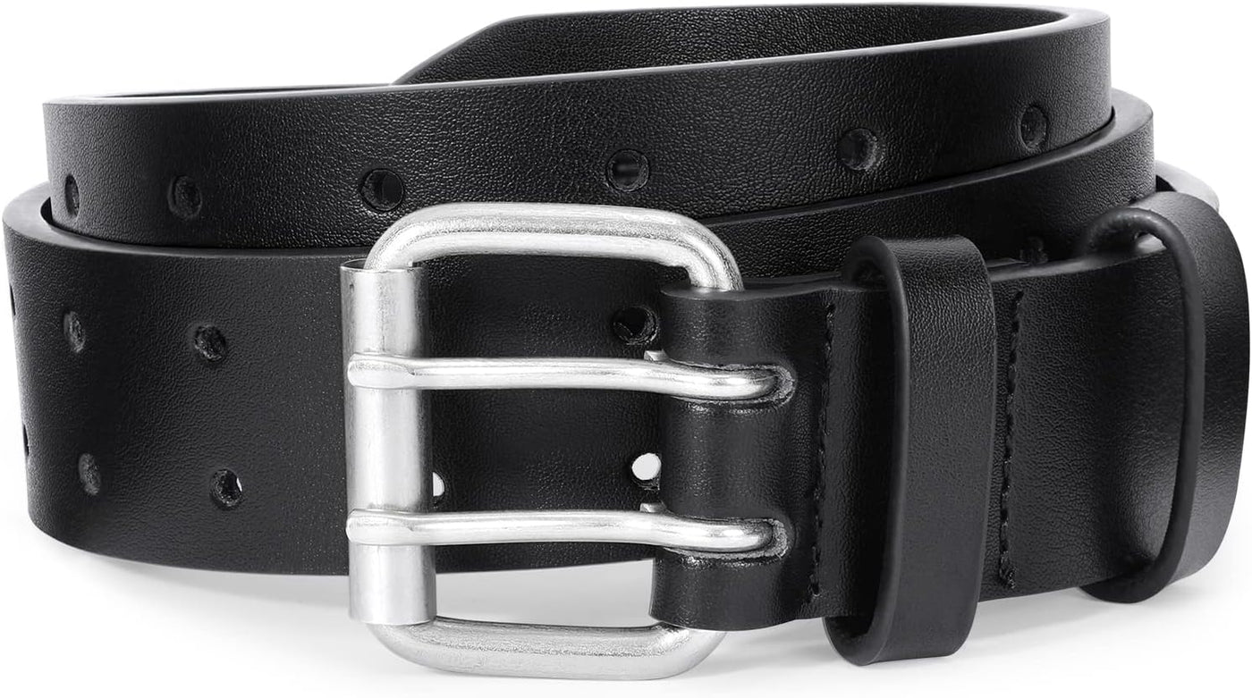 JASGOOD Men Double Prong PU Leather Belt Casual Work Heavy Duty Belt Double Grommet Holes Belt for Jeans