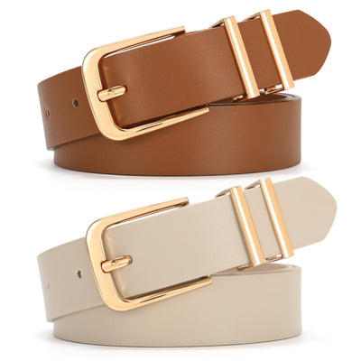 SANSTHS 2 Pack Women Belt for Jeans Pants, Simple Fashion Ladies Waist Belt with Gold Buckle, 1inch Width
