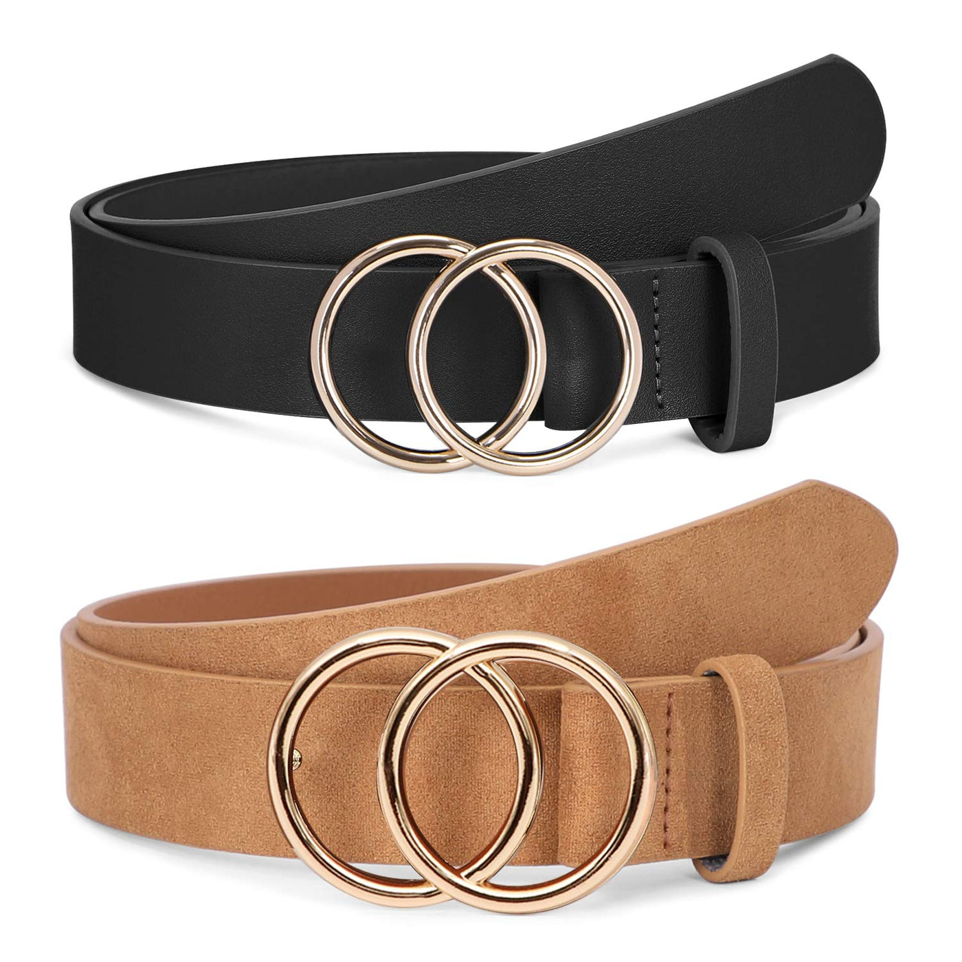 SUOSDEY Women Leather Belt Fashion Double O-Ring Soft Faux Leather Waist Belts For Jeans Dress