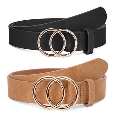 SUOSDEY Women Leather Belt Fashion Double O-Ring Soft Faux Leather Waist Belts For Jeans Dress
