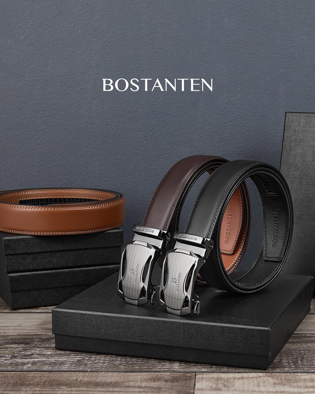 BOSTANTEN Ratchet Leather Belt For Men 2 Pack Dress and Casual with Adjustable Buckle, Trim to Fit