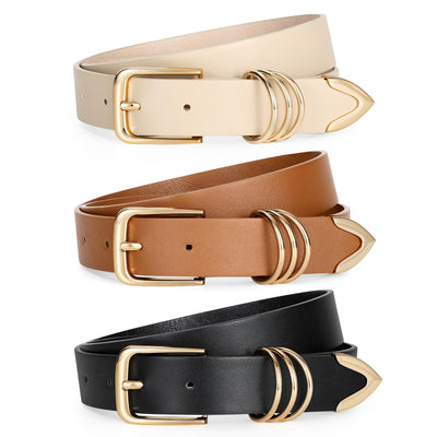 LEACOOLKEY 3 Pack Women's Leather Belts for Jeans Dress Pants Fashion Ladies Leather Belts with Gold/Sliver Buckle