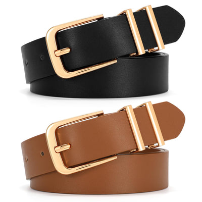 SANSTHS 2 Pack Women Belt for Jeans Pants, Simple Fashion Ladies Waist Belt with Gold Buckle, 1inch Width