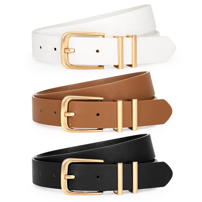 LEACOOLKEY 3 Pack Women's Leather Belts for Jeans Dress Pants Fashion Ladies Leather Belts with Gold/Sliver Buckle