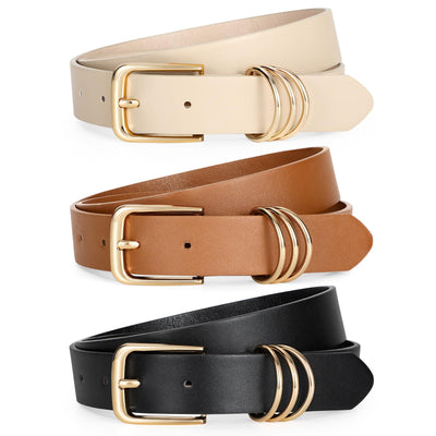 LEACOOLKEY 3 Pack Women's Leather Belts for Jeans Dress Pants Fashion Ladies Leather Belts with Gold/Sliver Buckle