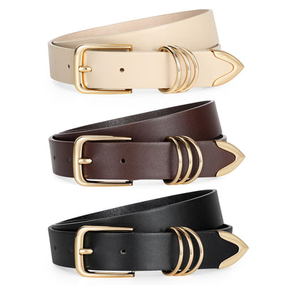 LEACOOLKEY 3 Pack Women's Leather Belts for Jeans Dress Pants Fashion Ladies Leather Belts with Gold/Sliver Buckle