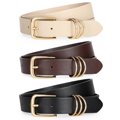 LEACOOLKEY 3 Pack Women's Leather Belts for Jeans Dress Pants Fashion Ladies Leather Belts with Gold/Sliver Buckle
