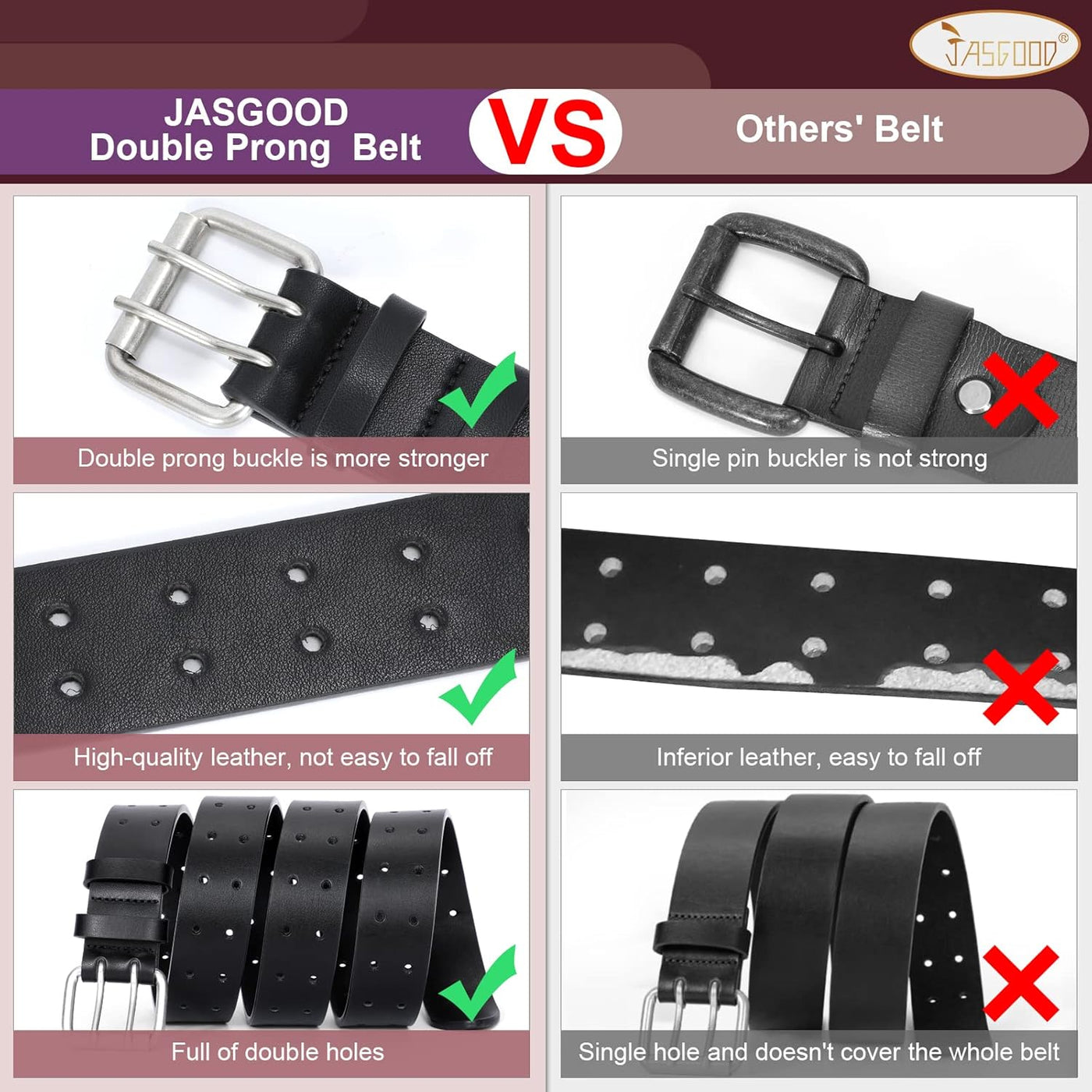 JASGOOD Men Double Prong PU Leather Belt Casual Work Heavy Duty Belt Double Grommet Holes Belt for Jeans