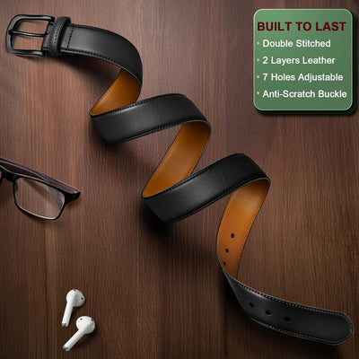 BULLIANT Men Belt 2 Pack,Leather Belt For Gift Men Golf Dress Casual Jean 7Holes 1 3/8"