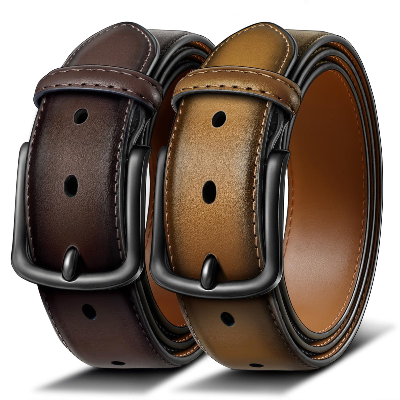 BULLIANT Men Belt 2Pack-Leather Belt 7Holes Comfortable For Men's Dress Casual Jeans 1 3/8"