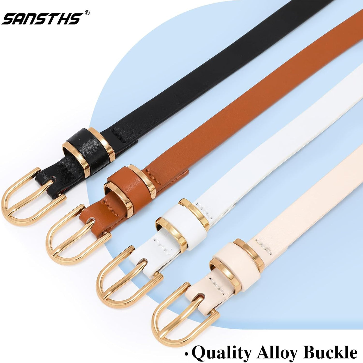 SANSTHS 4 Pack Women Thin Belts for Jeans Dresses Coats Skinny Women Belt with Gold Alloy Buckle