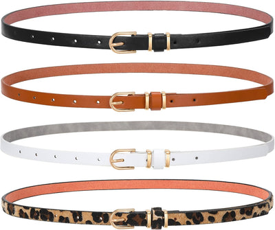 SANSTHS 4 Pack Women Thin Belts for Jeans Dresses Coats Skinny Women Belt with Gold Alloy Buckle