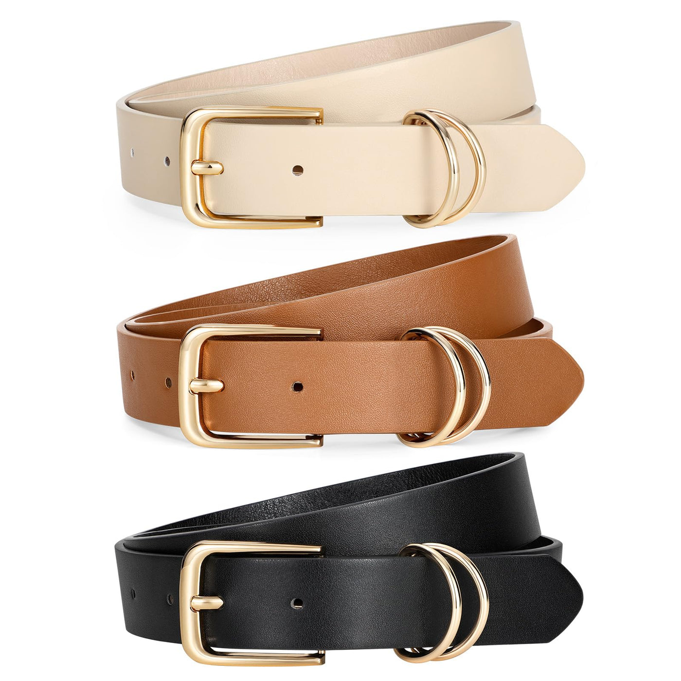 LEACOOLKEY 3 Pack Women's Leather Belts for Jeans Dress Pants Fashion Ladies Leather Belts with Gold/Sliver Buckle
