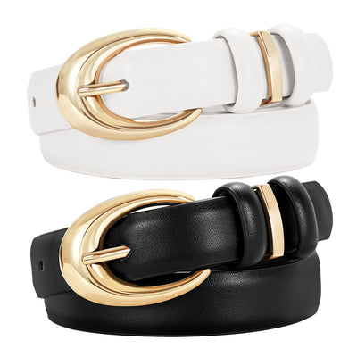 2 Pack Women Leather Belt for Jeans Pants Fashion Ladies Skinny Faux Leather Belt with Gold Buckle