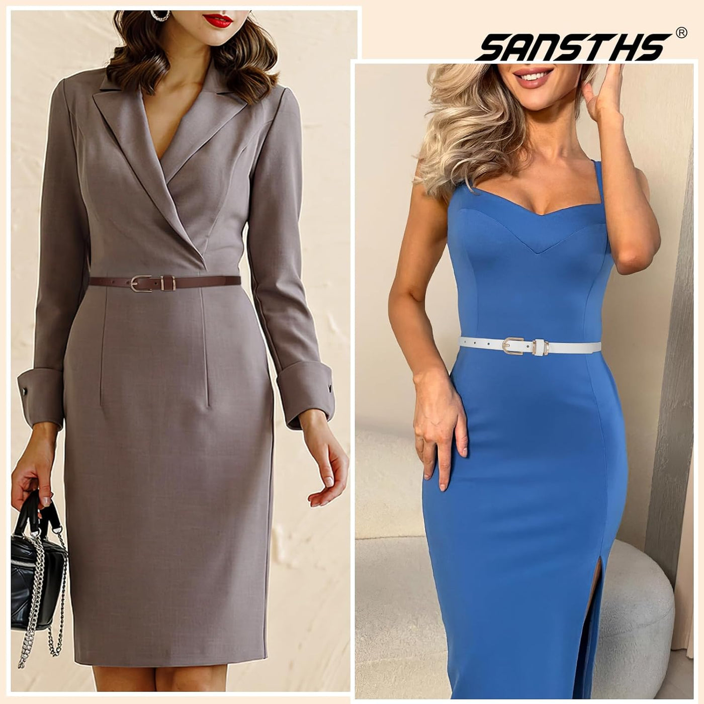 SANSTHS 4 Pack Women Thin Belts for Jeans Dresses Coats Skinny Women Belt with Gold Alloy Buckle