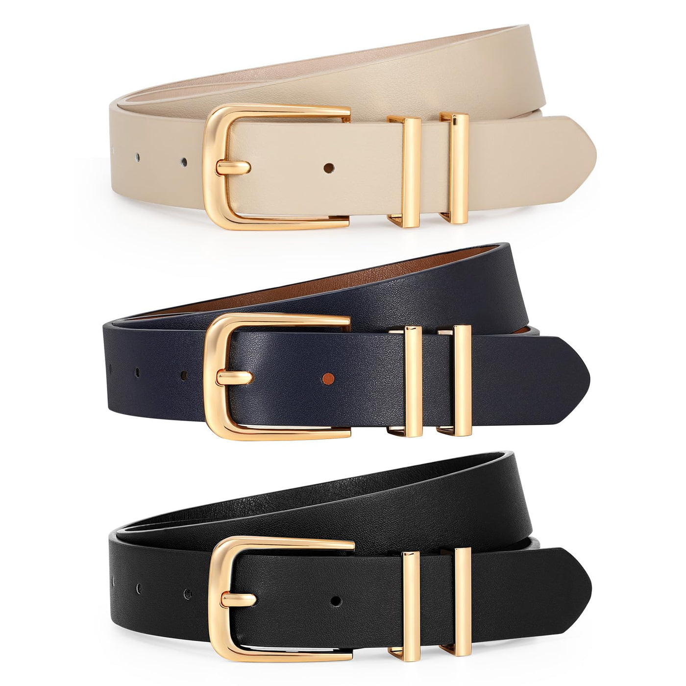 LEACOOLKEY 3 Pack Women's Leather Belts for Jeans Dress Pants Fashion Ladies Leather Belts with Gold/Sliver Buckle