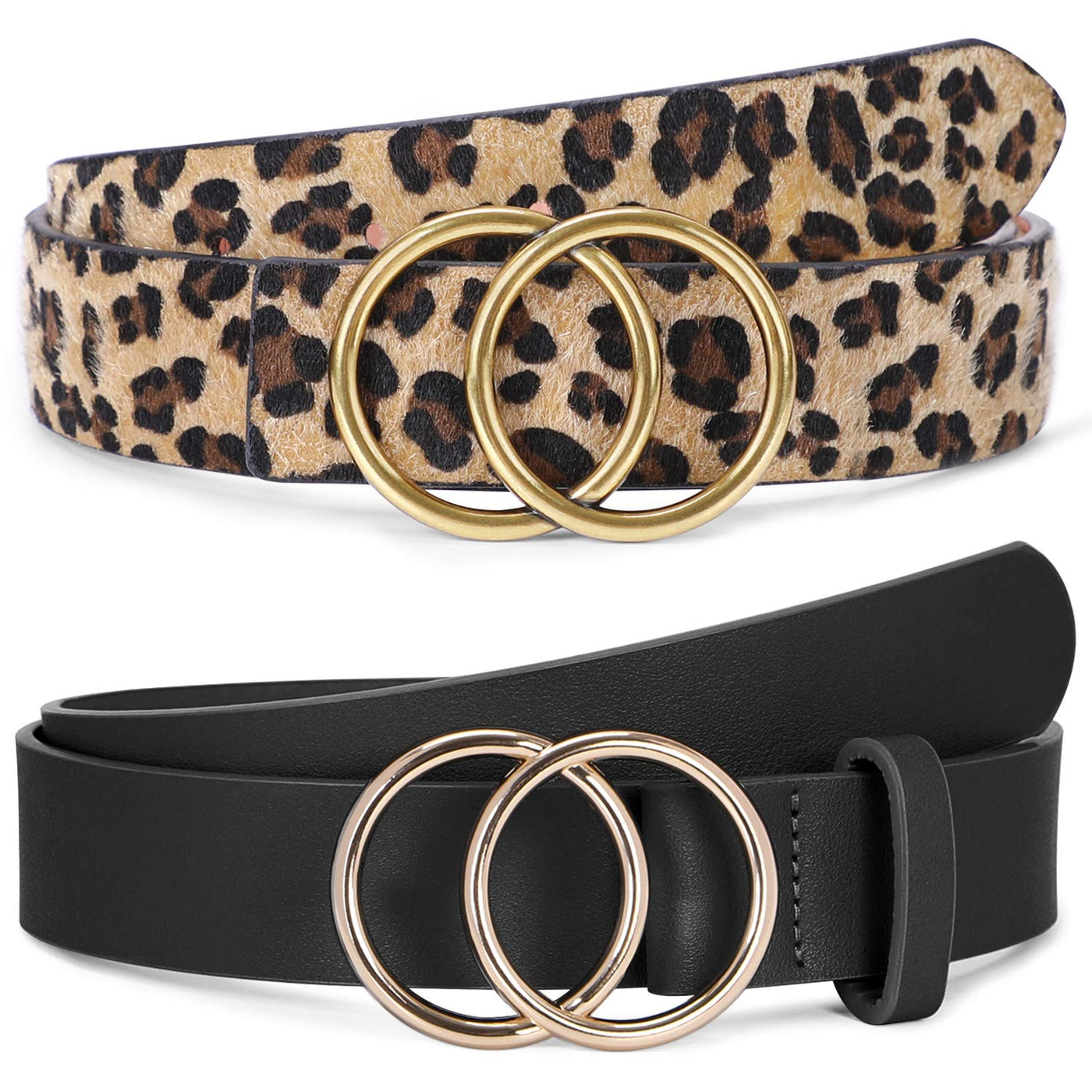 SUOSDEY Women Leather Belt Fashion Double O-Ring Soft Faux Leather Waist Belts For Jeans Dress