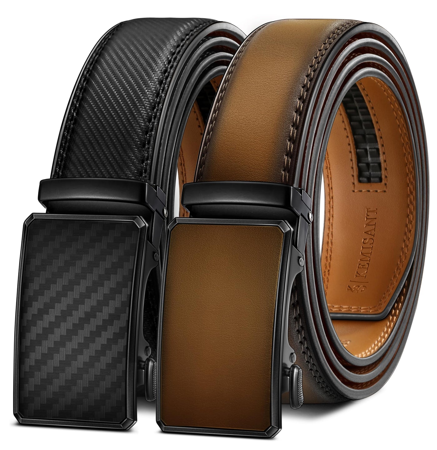 KEMISANT Men Belt 2 Pack, Leather Ratchet Belt Easy Click Slide For Men 1 3/8",Cut for Fit