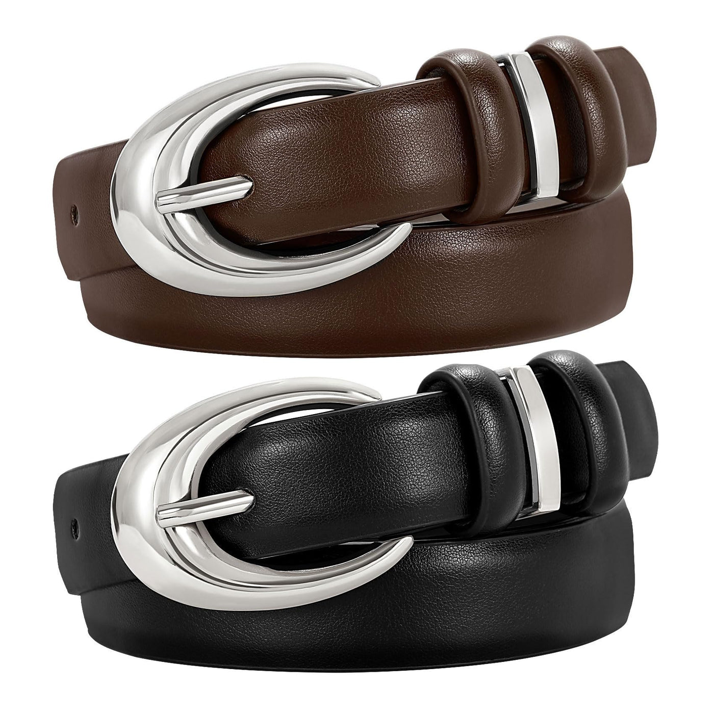 2 Pack Women Leather Belt for Jeans Pants Fashion Ladies Skinny Faux Leather Belt with Gold Buckle