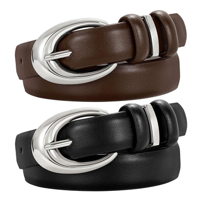 2 Pack Women Leather Belt for Jeans Pants Fashion Ladies Skinny Faux Leather Belt with Gold Buckle