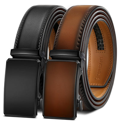 KEMISANT Men Belt 2 Pack, Leather Ratchet Belt Easy Click Slide For Men 1 3/8",Cut for Fit