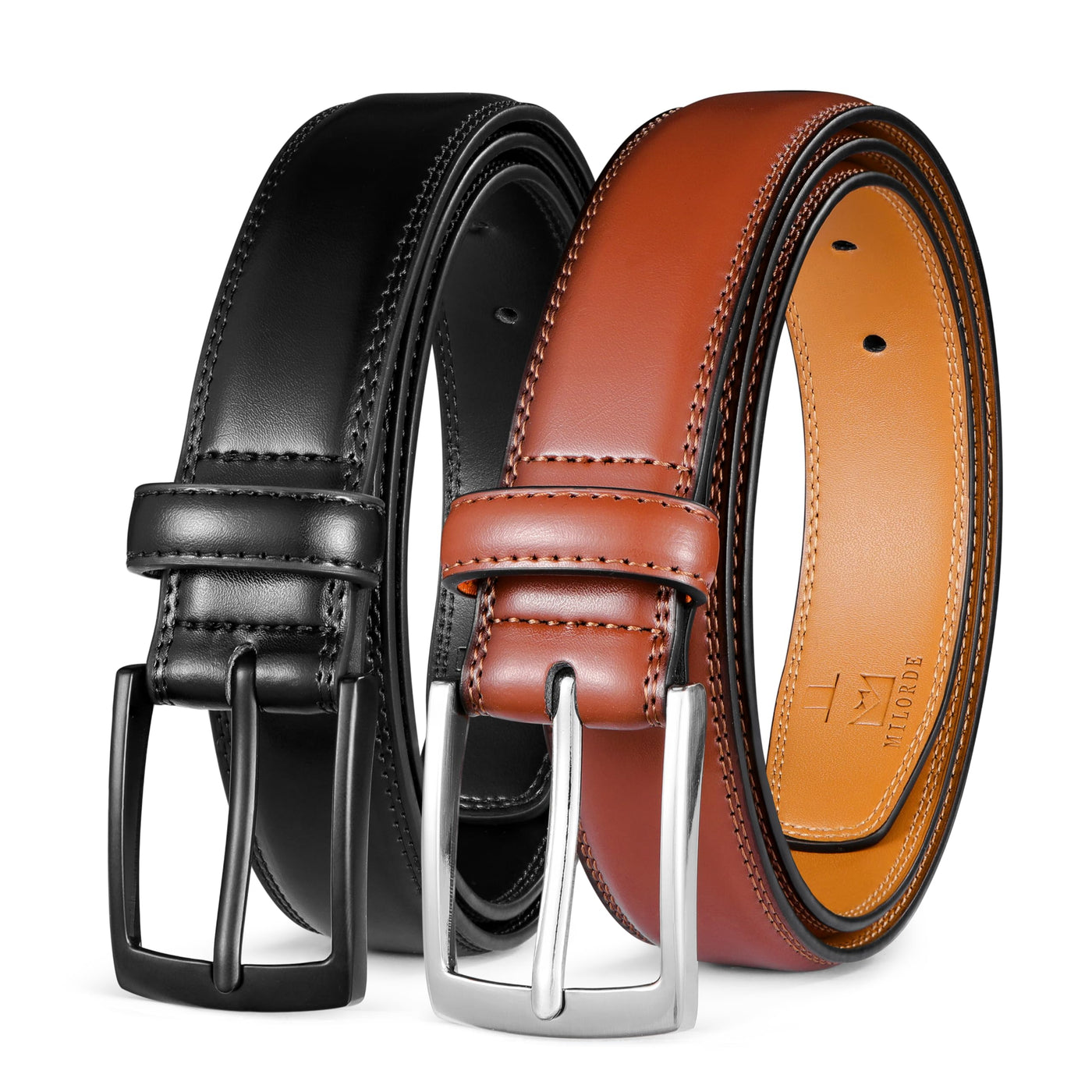 MILORDE Men's Leather Dress Belt 2Pack, Handmade, Genuine Leather, Fashion & Classic Designs for Work Business and Casual