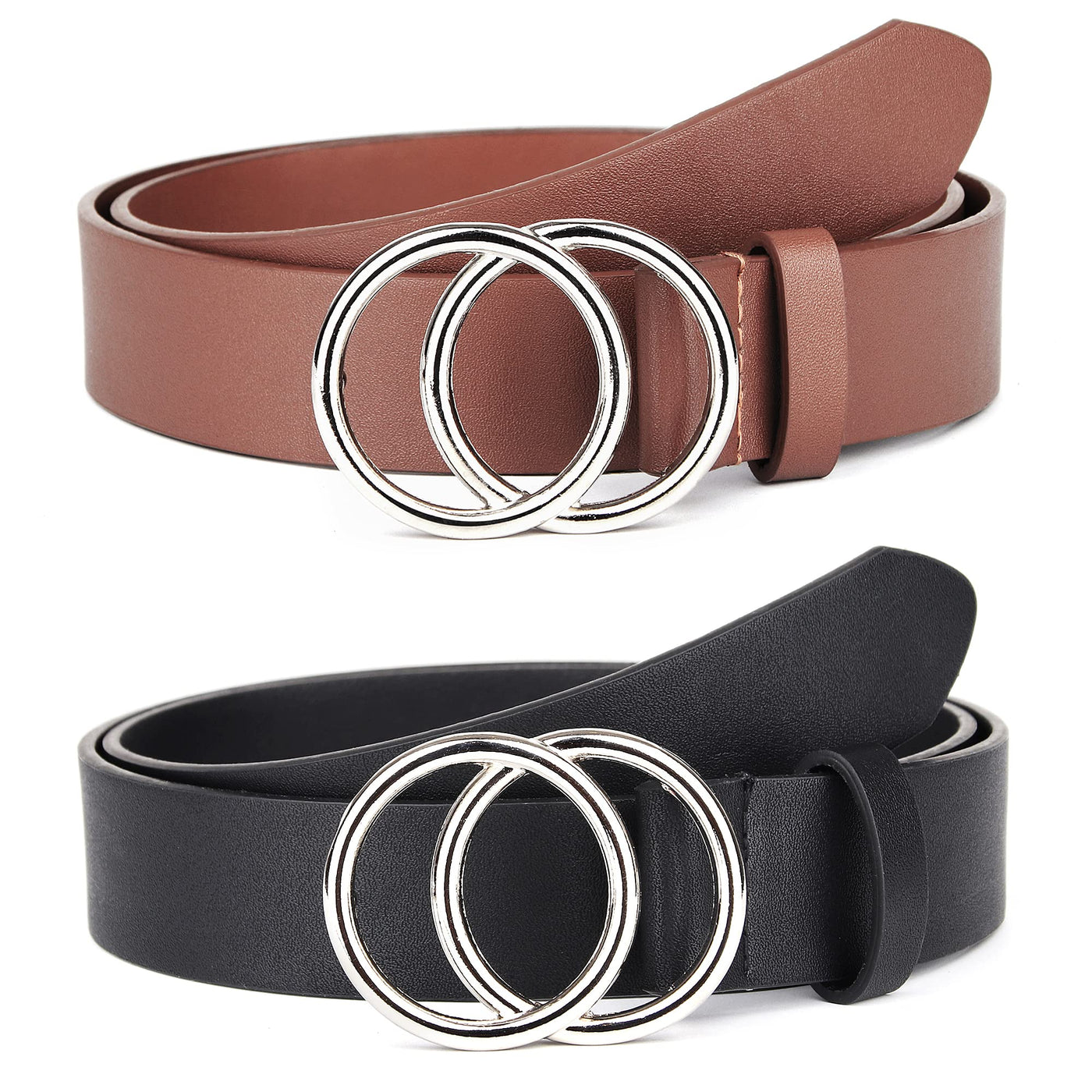 UnFader Pack 2 Women Belts for Jeans with Fashion Double O-Ring Buckle and Faux Leather