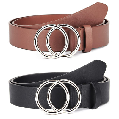 UnFader Pack 2 Women Belts for Jeans with Fashion Double O-Ring Buckle and Faux Leather