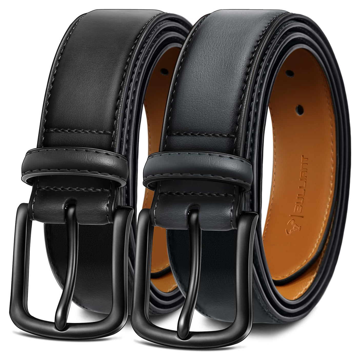 BULLIANT Men Belt 2 Pack,Leather Belt For Gift Men Golf Dress Casual Jean 7Holes 1 3/8"
