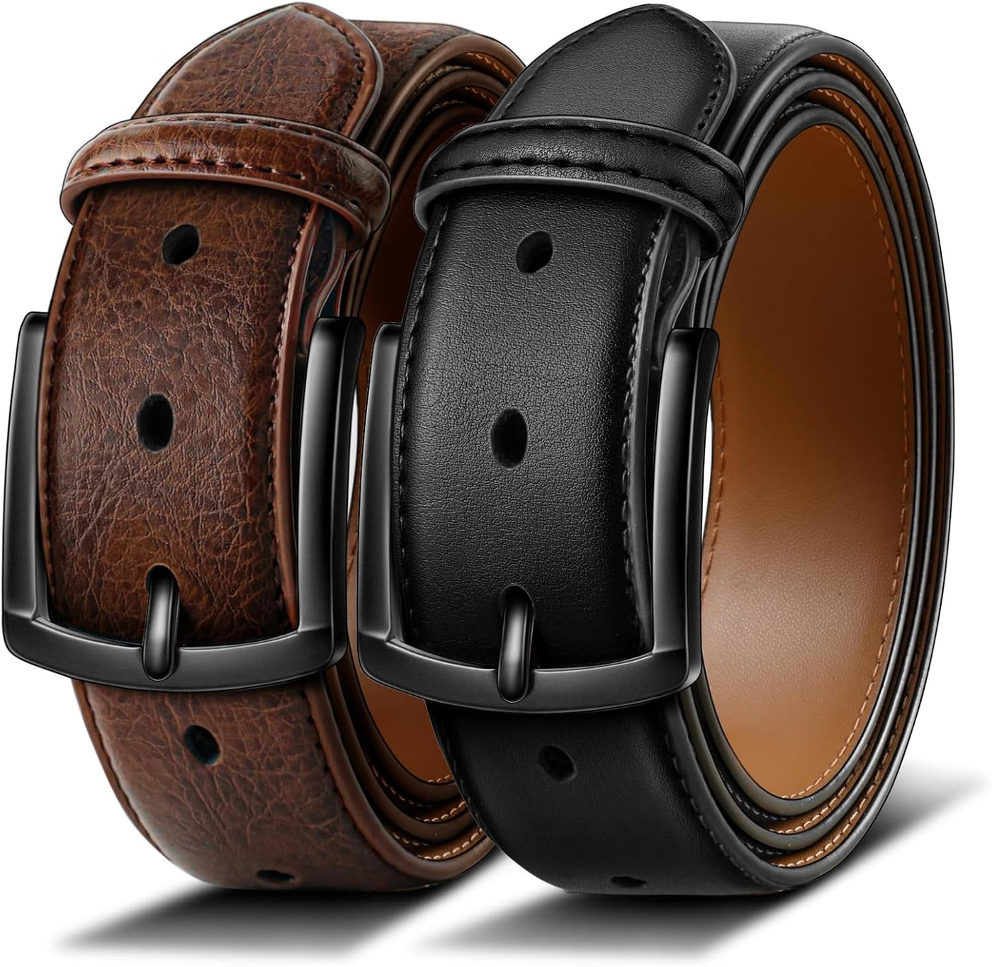 BULLIANT Men Belt 2Pack-Leather Belt 7Holes Comfortable For Men's Dress Casual Jeans 1 3/8"
