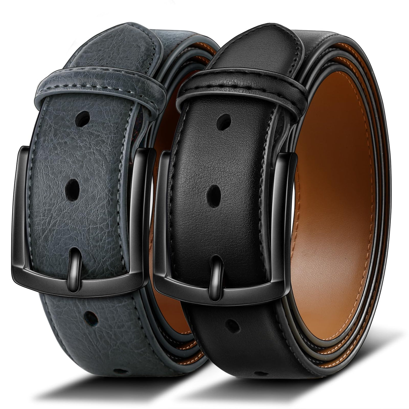 BULLIANT Men Belt 2Pack-Leather Belt 7Holes Comfortable For Men's Dress Casual Jeans 1 3/8"