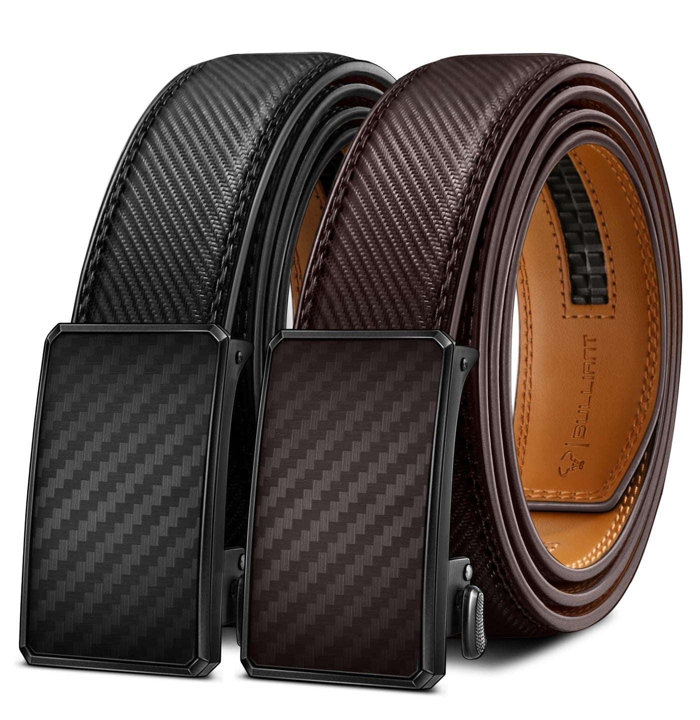 BULLIANT Men Belt 2Pack,Ratchet Click Adjustable Belt Genuine Leather For Gift Men Dress Casual Tailless Design-Cut For Fit
