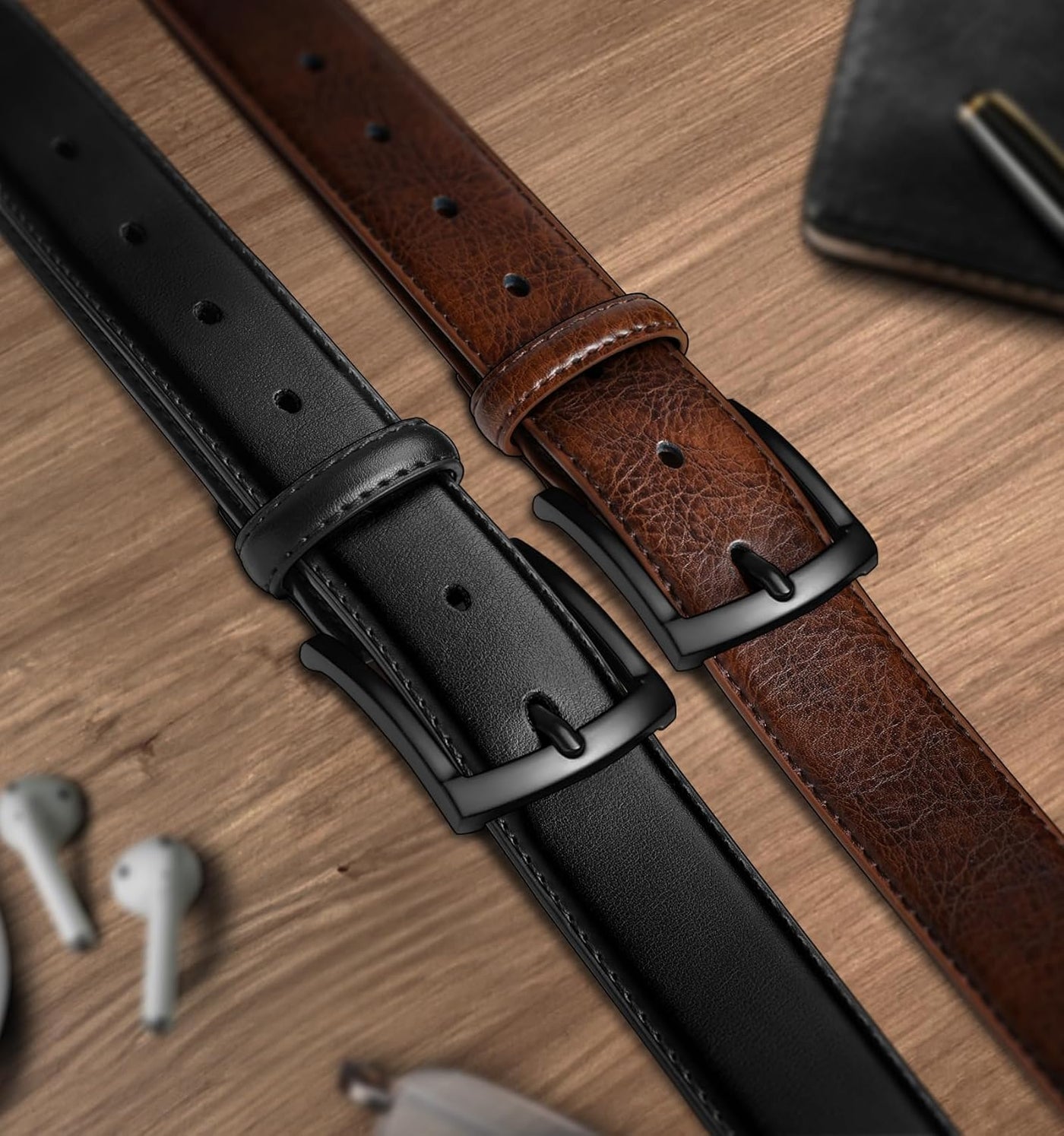 BULLIANT Men Belt 2Pack-Leather Belt 7Holes Comfortable For Men's Dress Casual Jeans 1 3/8"