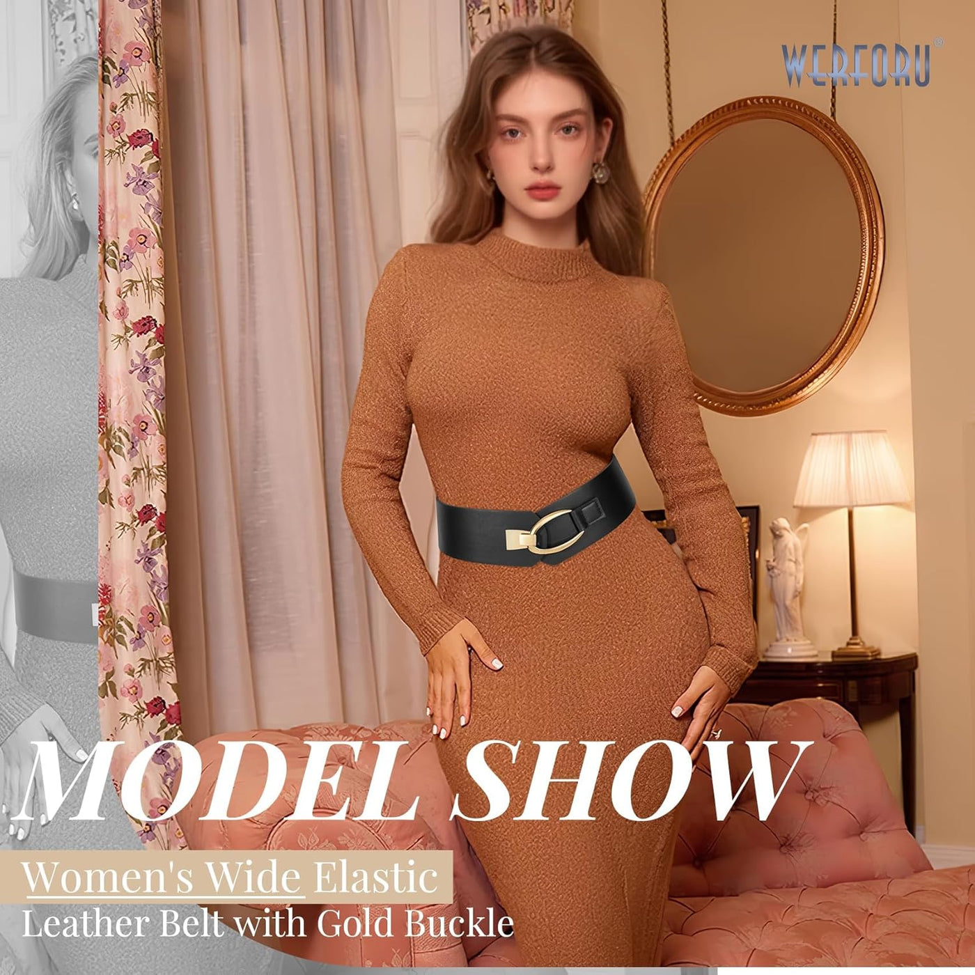 WERFORU Women Wide Elastic Belt Women Fashion Wide Belt with Gold Buckle Ladie Thick Waistbelt for Dresses