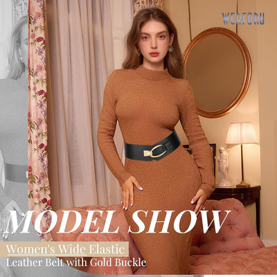 WERFORU Women Wide Elastic Belt Women Fashion Wide Belt with Gold Buckle Ladie Thick Waistbelt for Dresses