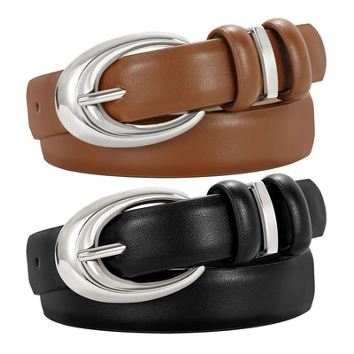 2 Pack Women Leather Belt for Jeans Pants Fashion Ladies Skinny Faux Leather Belt with Gold Buckle