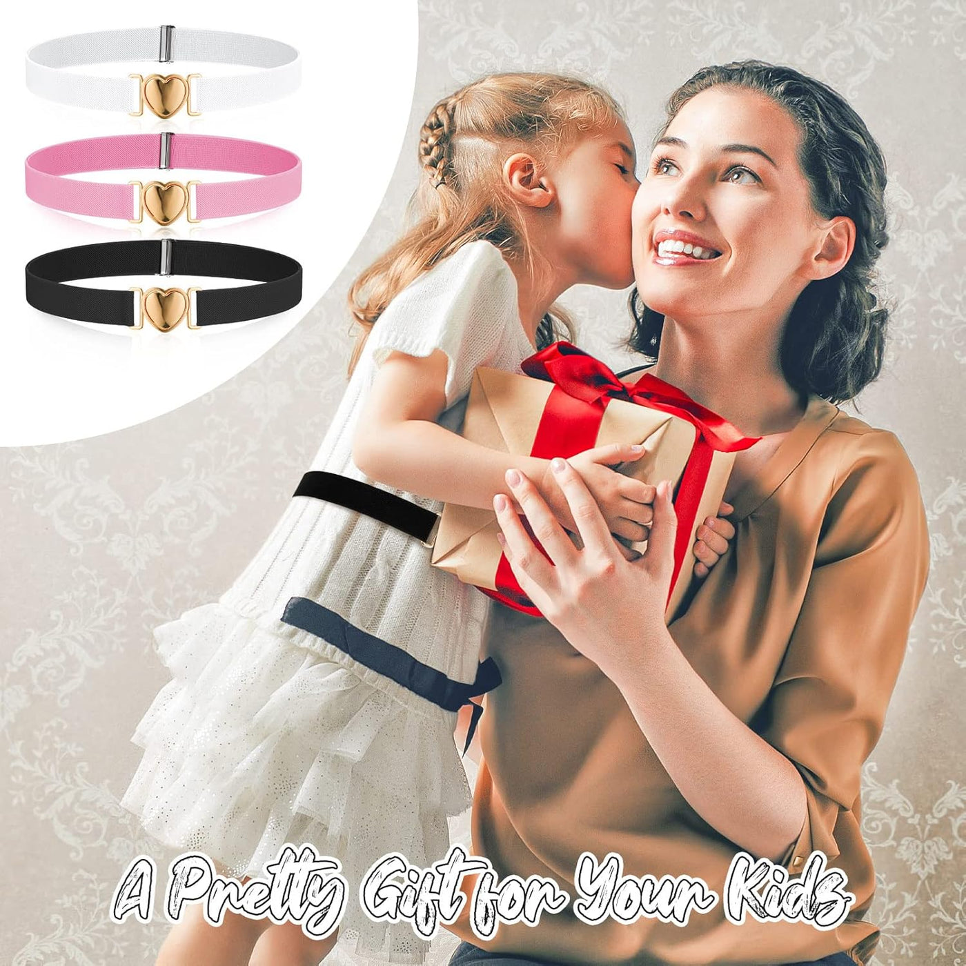 Firtink 3 Pack Girls Elastic Belts, Adjustable Kids Belt Elastic Stretch Belts with Heart Buckle for Boys Girls, Cute Heart Belt for Kids Toddler